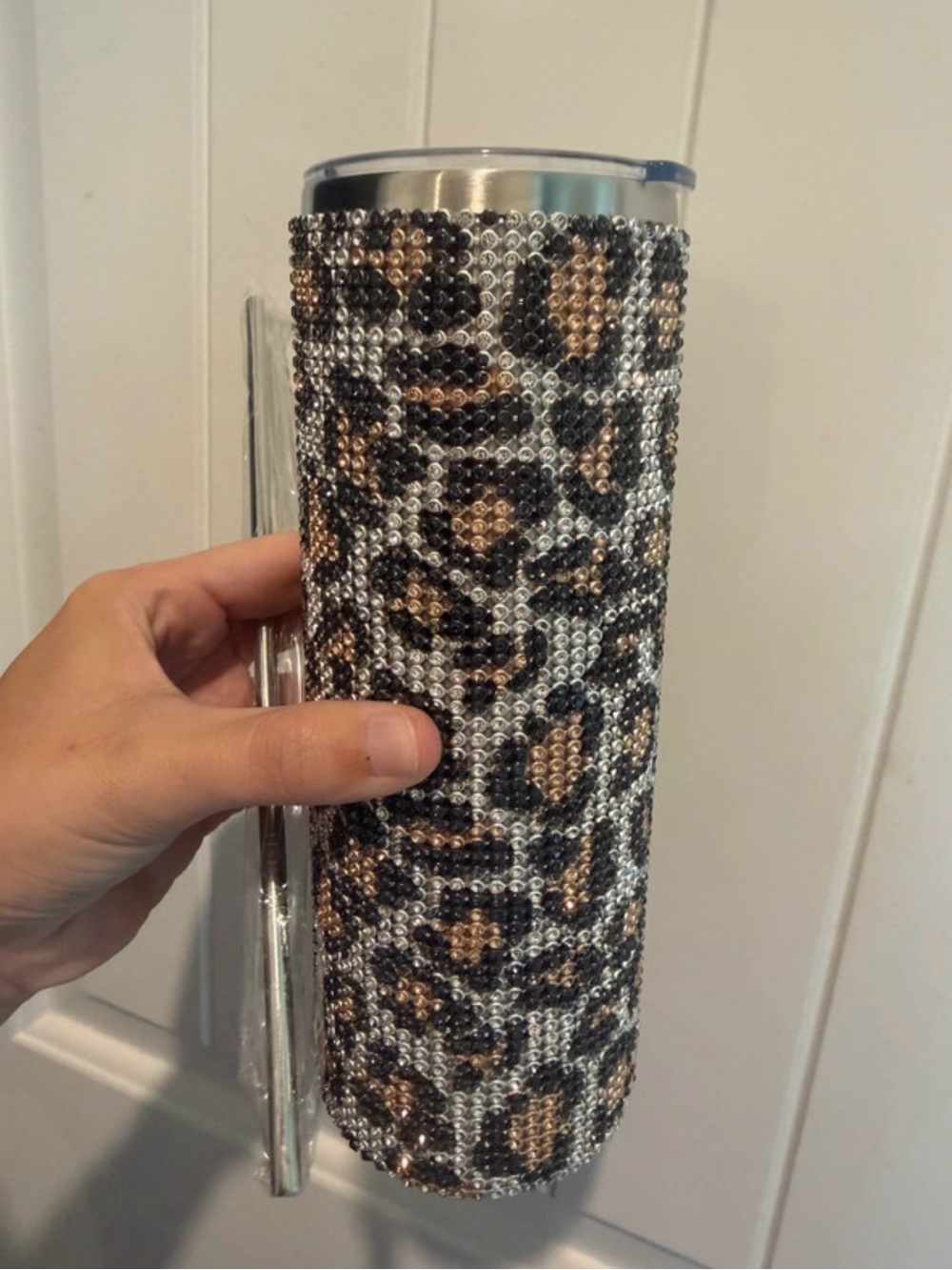 Leopard Print Rhinestone Tumbler - Crystal Bling Travel Cup (Black & Brown) 20oz